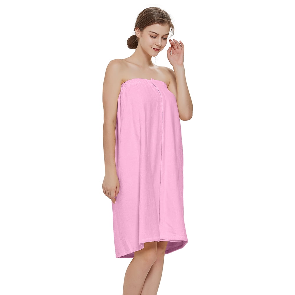 Toptie Women's Cotton Terry Spa Shower Bath Towel Wrap-Pink-S/M