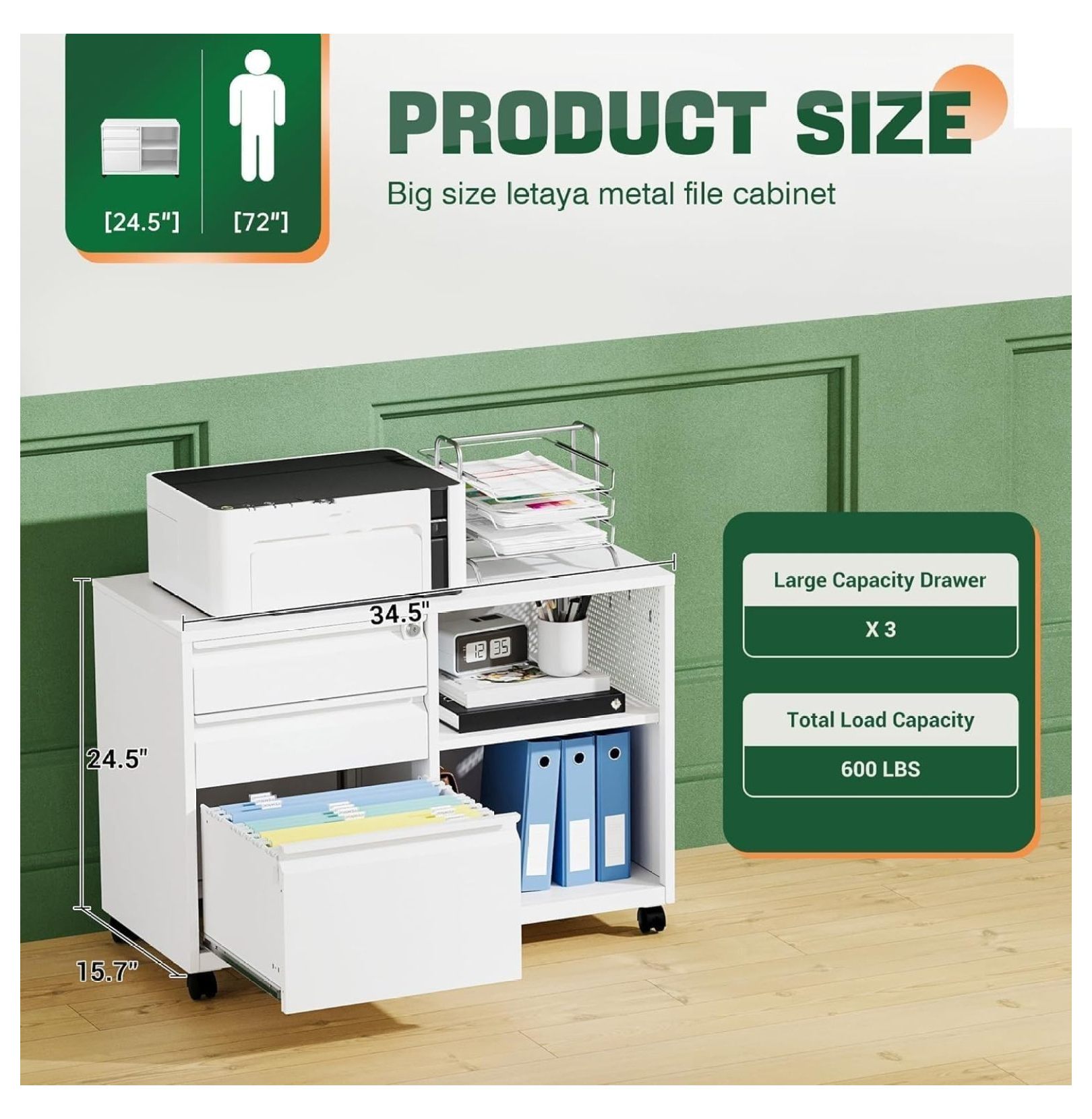WDZS Mobile 3 Drawer File Cabinet with Lock-Metal Lateral Rolling Printer Stand Filing Cabinets for Home Office-Storage A4/F4/Letter (White)
