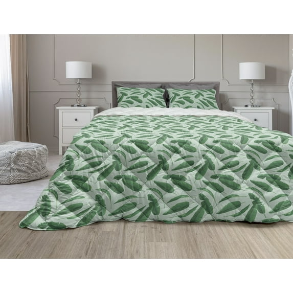 Banana Leaf Comforter & Sham Bedding Set, Hand Drawn Cartoon Style Leafage of an Exotic Fruit Tree Tropical Paradise, 3 pcs Duvet Set Microfiber Filling Quilt, 5 Sizes, Forest Green, by Ambesonne