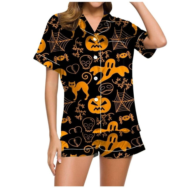 Fgnfyis Ensemble de Pyjama Décontracté Imprimé et Short pour Femmes Pyjama d'Halloween Femmes Noir_003 S