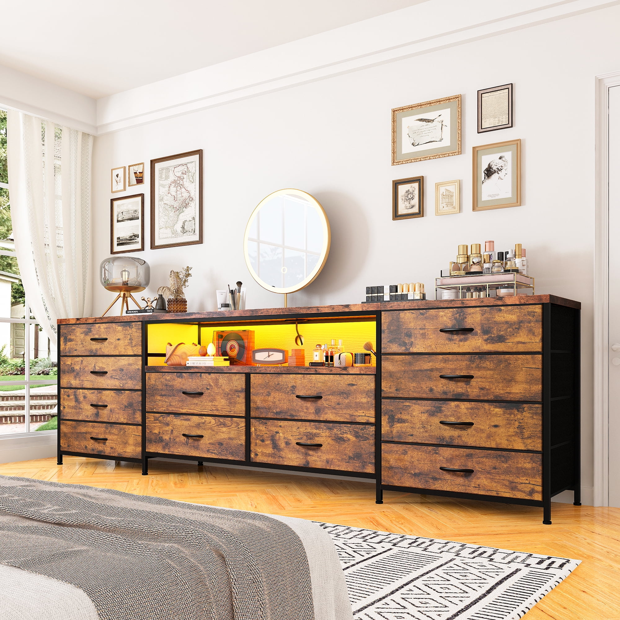 EnHomee Wide Dresser TV Stand for 65 70 75 Inch Dresser for Bedroom with LED Lights & Power Outlets & 12 Fabric Drawers,Rustic Brown