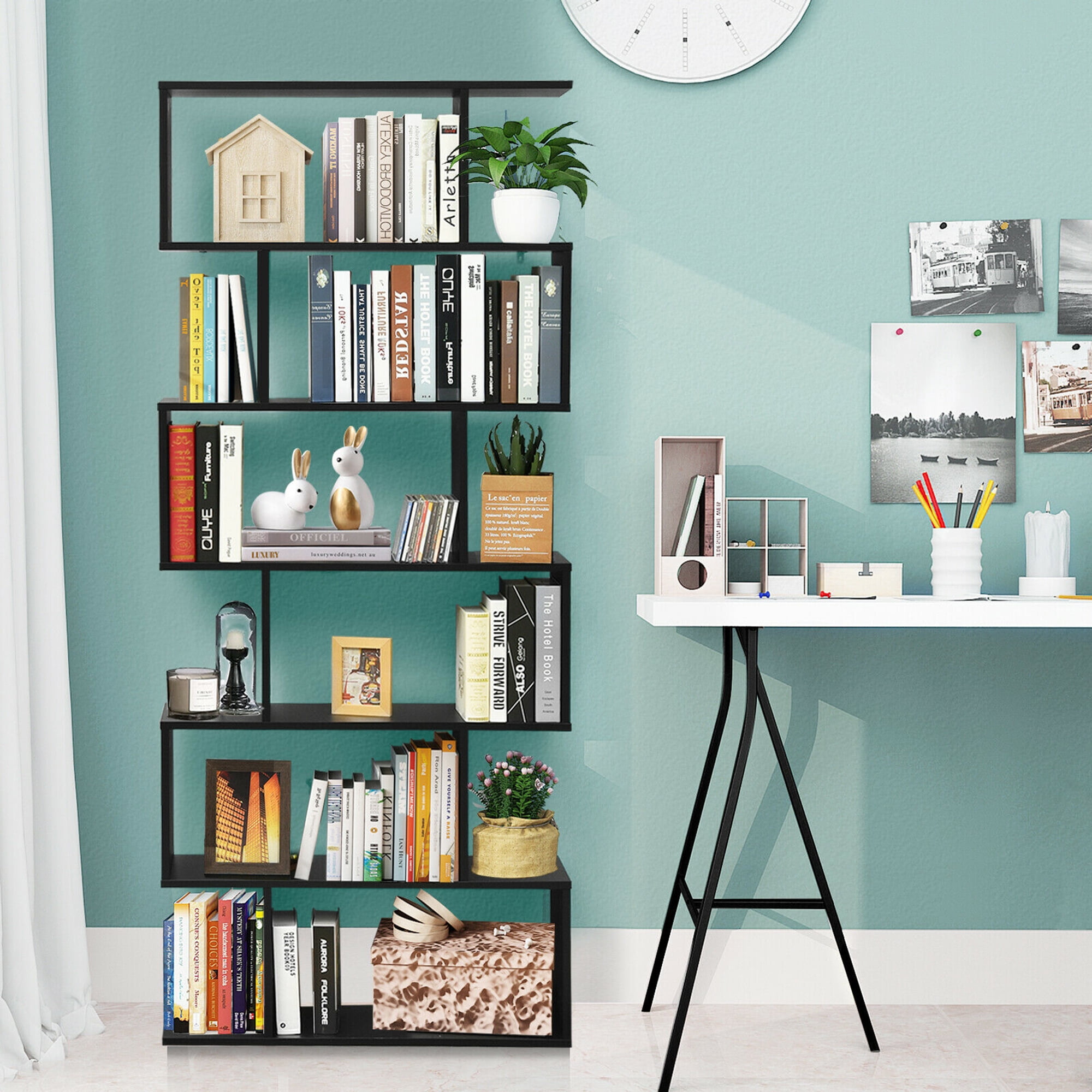 Gymax S-Shaped 6 Tier Bookcase, Black