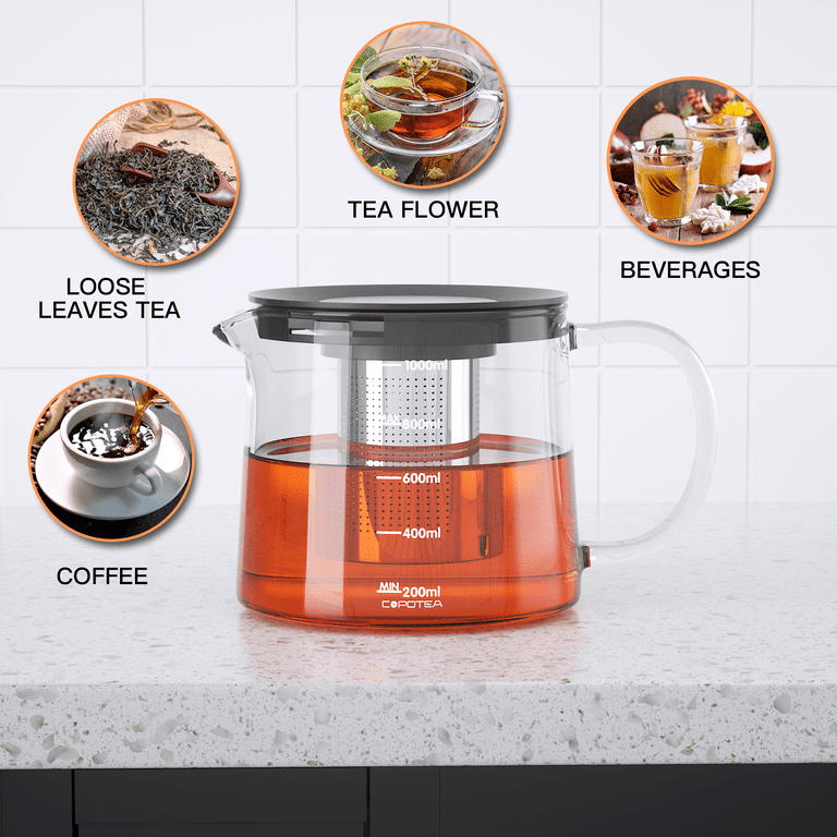 Willow & Everett Teapot with Infuser for Loose Tea, 40oz, 3-4 Cup Tea  Infuser, Clear Glass Tea Kettle Pot with Strainer & Warmer 