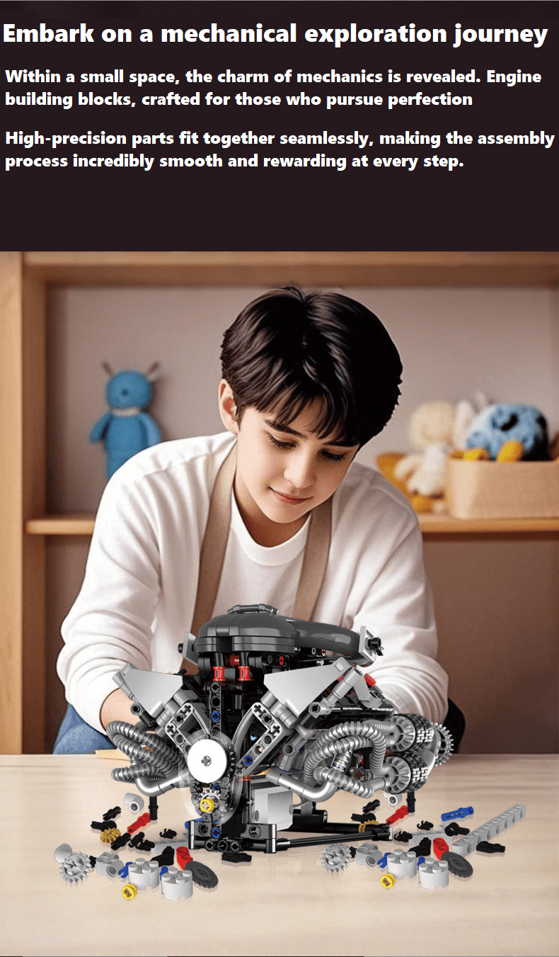 V8 Engine Building Blocks Sets, V8 Engine Model Kit That Runs, MOC Scale Model Kit with Battery and Motor, Build Your Own MOC Mini V8 Engine Model Toy, Construction Toys Gifts for Men Friends Couple
