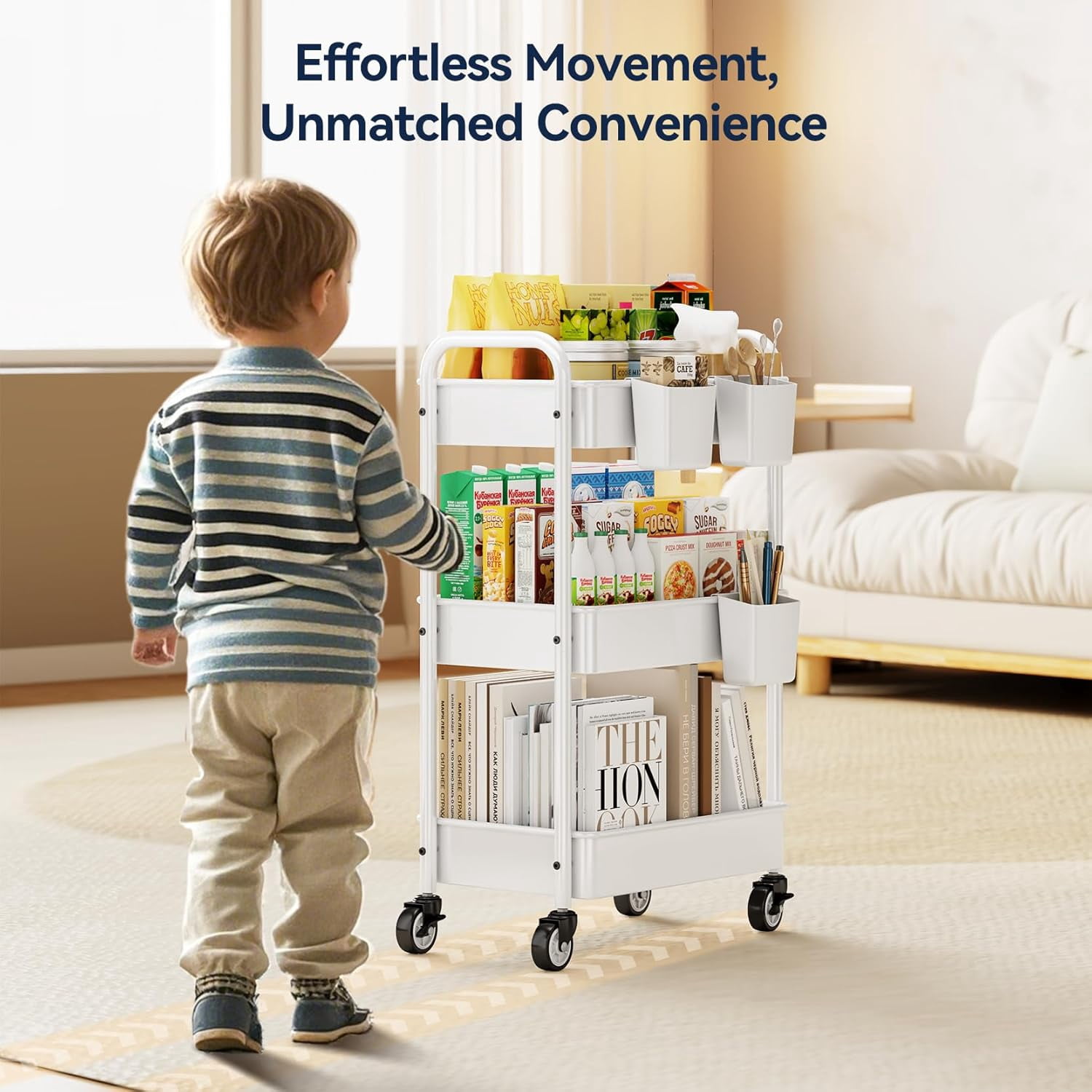 Metal 3 Tier Rolling Cart - Heavy Duty Utility Cart with Lockable Wheels, Hanging Cups, Hooks, Mesh Rolling Storage Cart Craft Cart Organizer, Lightweight and Sturdy, White