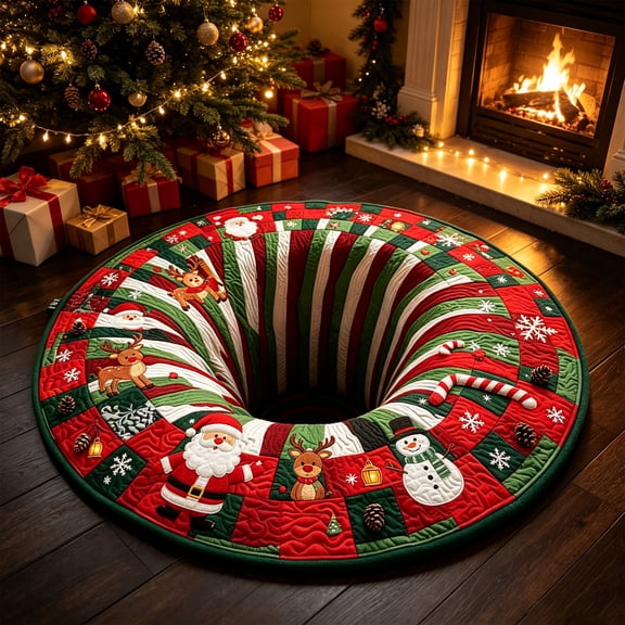 3D Christmas Rug Round Optical Illusion, 40inch/100cm, Non-Slip & Wear-Resistant, Machine Washable, Cotton Polyester Blend, Christmas Rugs for Living Room, Indoor Entryway Use, Festive Holiday Decor