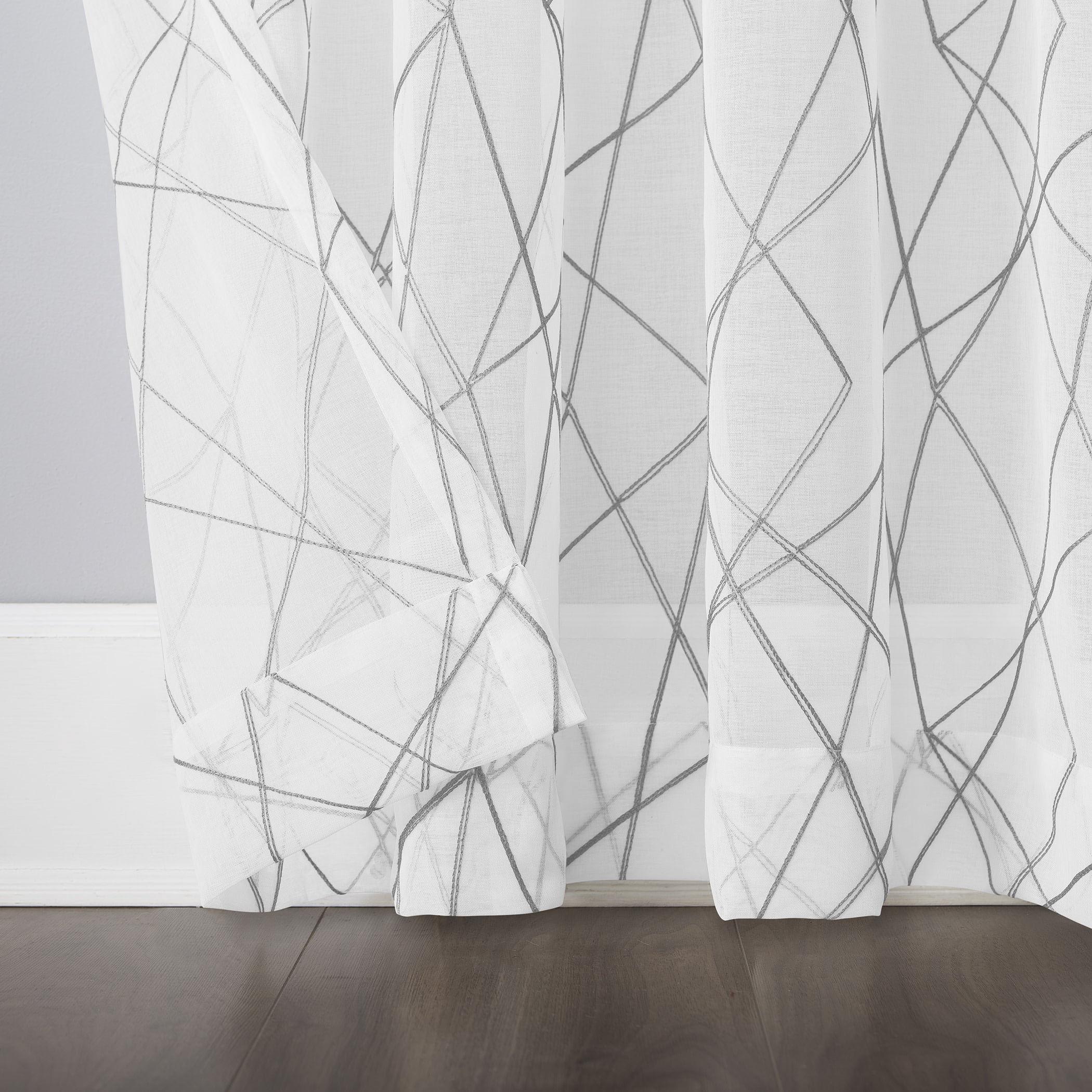 No. 918 Abstract Geometric Embroidery Semi-Sheer Rod Pocket Curtain Panel, 50" x 63", Gray