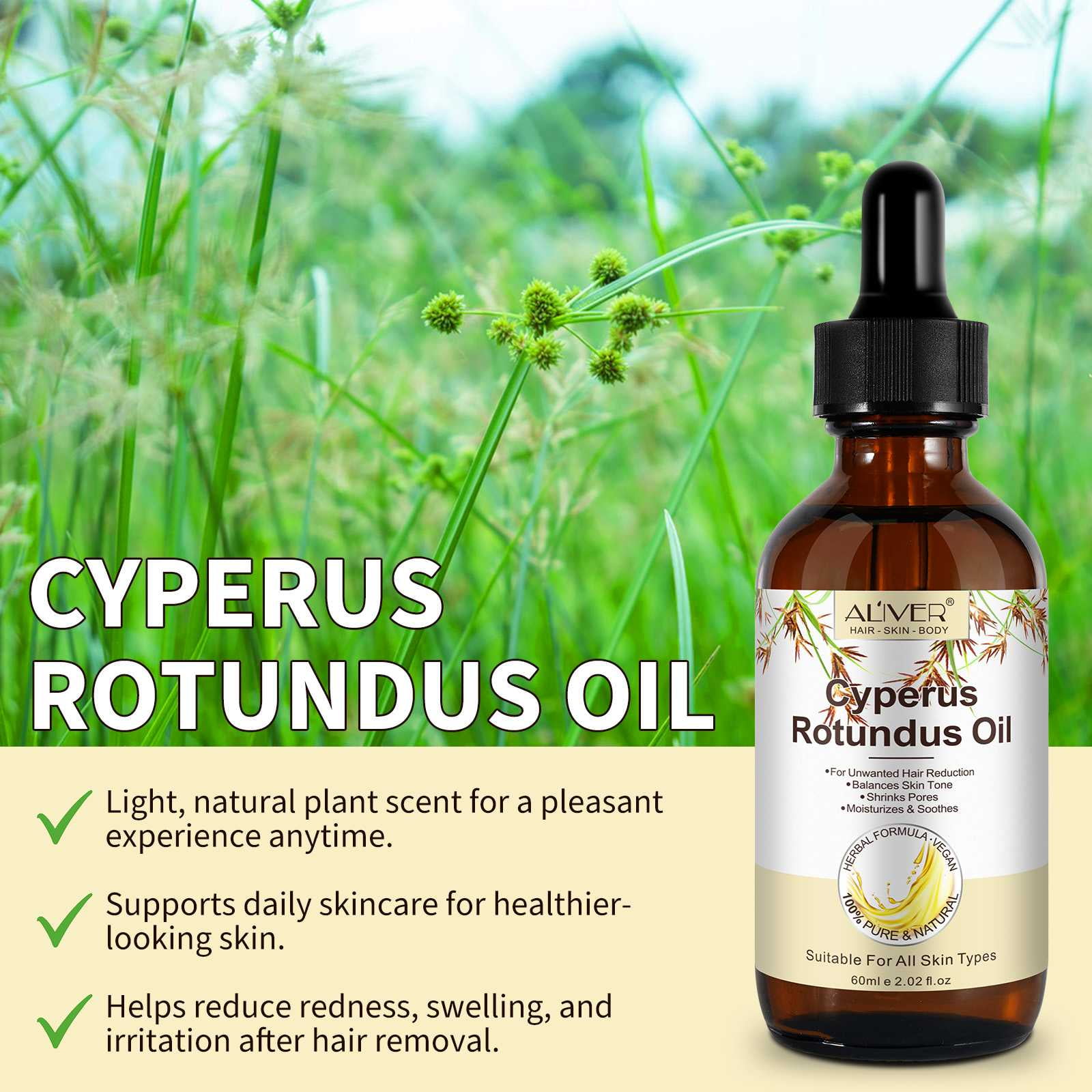 Aliver 100% Pure Cyperus Rotundus Oil for Hair Removal. Moisturizes, Soothes, Reduces Unwanted Hair. For All Skin Types. 2.02 fl oz