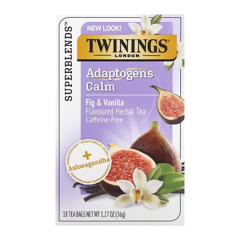 Twinings, Calm, Adaptogens, Fig & Vanilla Flavored Herbal Tea, Caffeine Free, 18 Tea Bags, 1.27 oz