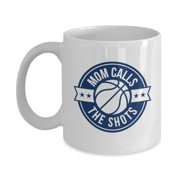 Mom Calls The Shots With Basketball Ball Funny Sports Theme Pun Ceramic Coffee & Tea Gift Mug, Party Supplies & Hot Chocolate Or Cocoa Cup For Sporty Playful Kids, Athletic Youth, Teens & Teenagers