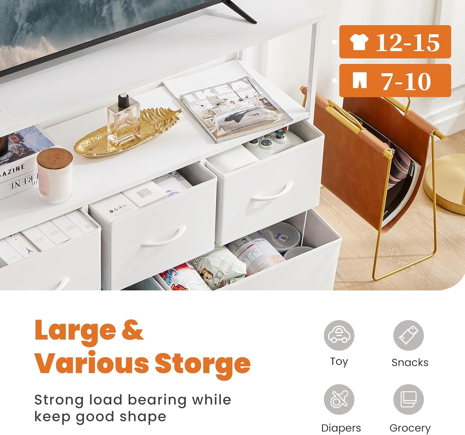 Bigleap TV Stand for Bedroom, TV Dresser for 45 inches, Media Console Table, Entertainment Center with 5 Fabric Drawers Cabinet and Open Storage Shelf Furniture Cabinet for Living Room, White