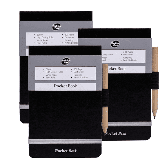Pukka Pad Pocket Book - 200 Pgs A7 Black Small Journal with Pencil & Elastic Strap for Office | Pack of 3