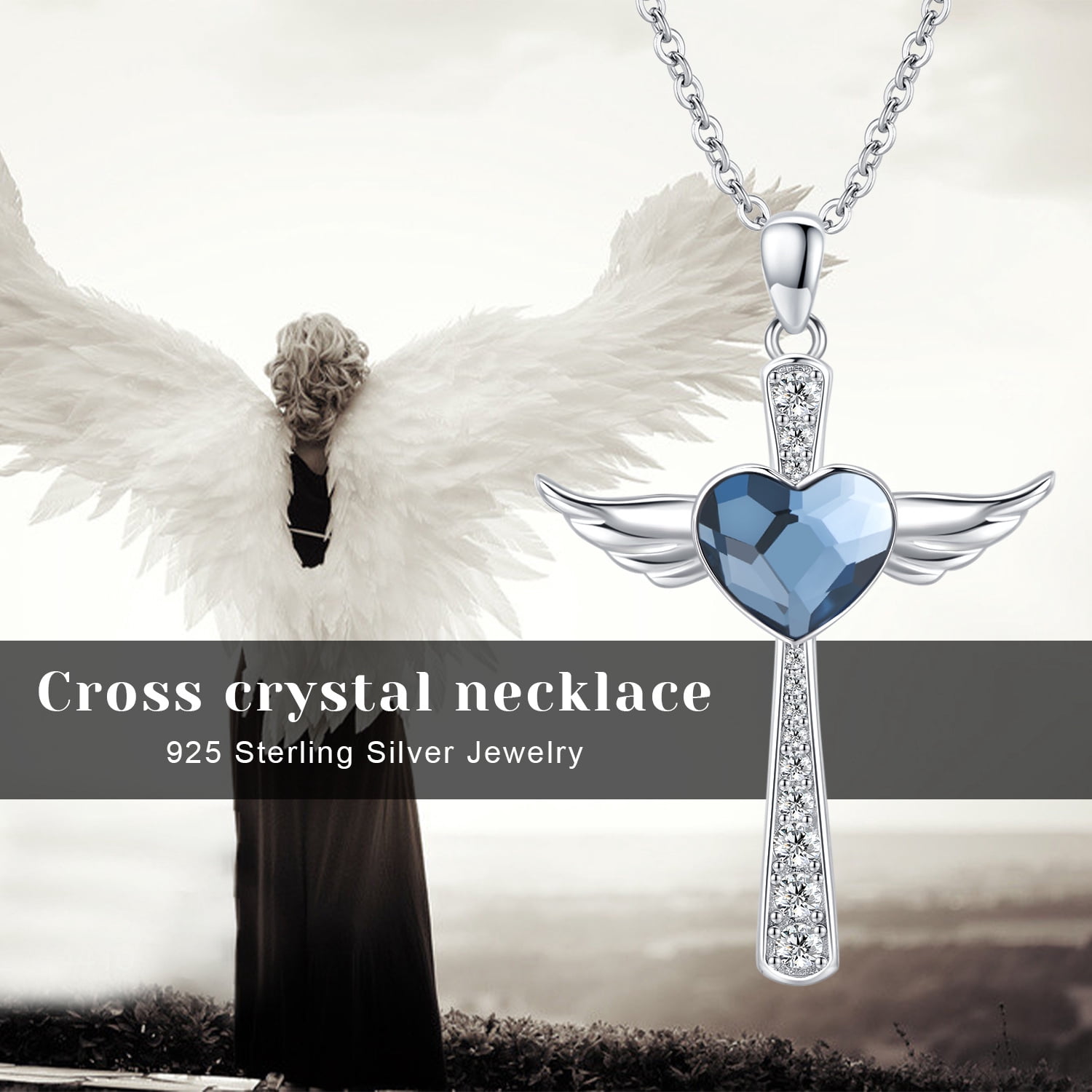 Coachuhhar Angel Wings Necklace 925 Sterling Silver Cross Pendant Necklace Cross Jewelry Gifts for Women