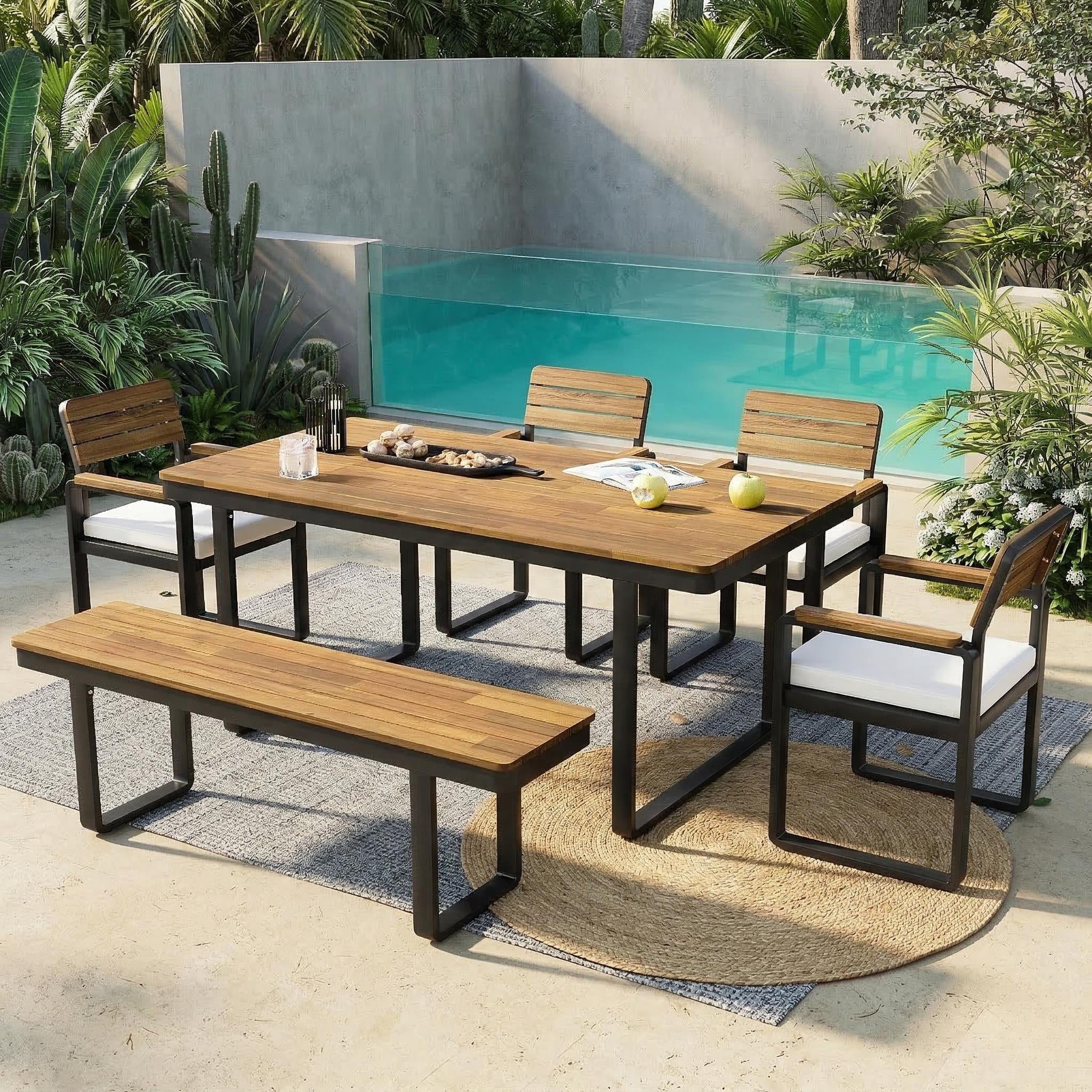 Mintazer 6-Piece Patio Dining Set with Table, 4 Chairs & Bench, Outdoor Dining Set with Adjustable Feet & Cushions for Patio Garden Balcony Backyard, Natural & Beige