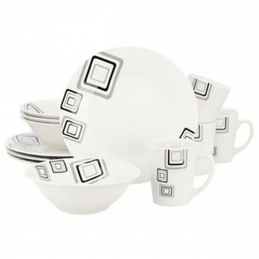 Gibson Home 142756.12 Black Squares Round Fine Ceramic Dinnerware Set, White - 12 Piece
