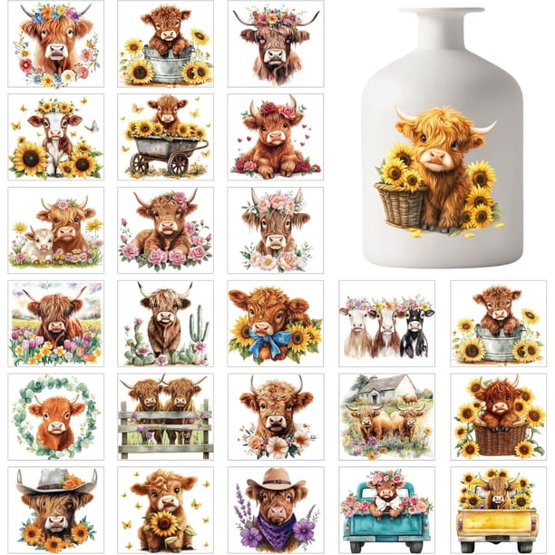 25 hojas de pegatinas adhesivas con siluetas de vacas de las Tierras Altas para faroles, flores de granja, mariposas, girasoles y tarros.