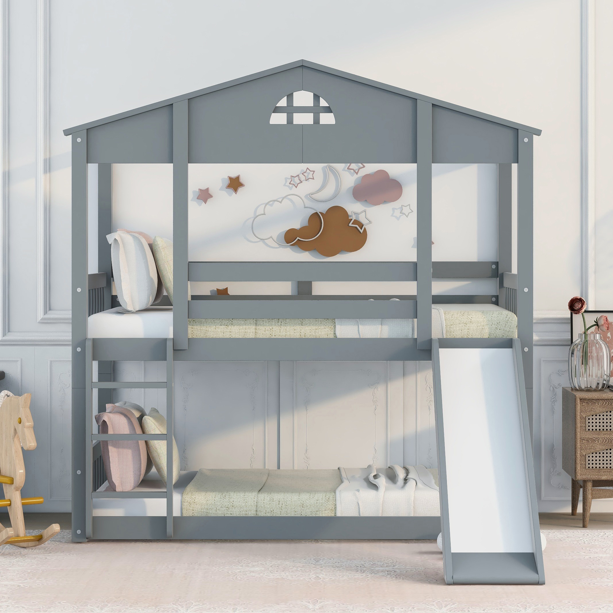 Bellemave Kids Bunk Beds with Slide, Wood House Bunk Beds Twin Over