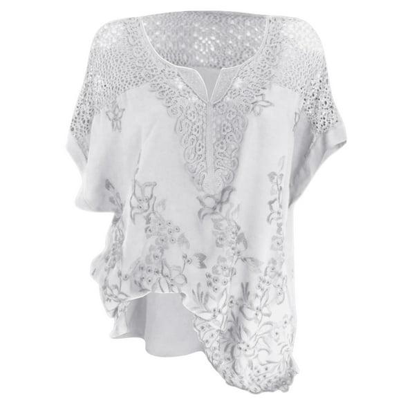 HBFAGFB Shirts for Women Trendy Lace Hollow Lace V Neck Embroidered Short Sleeved Top White Size 6XL