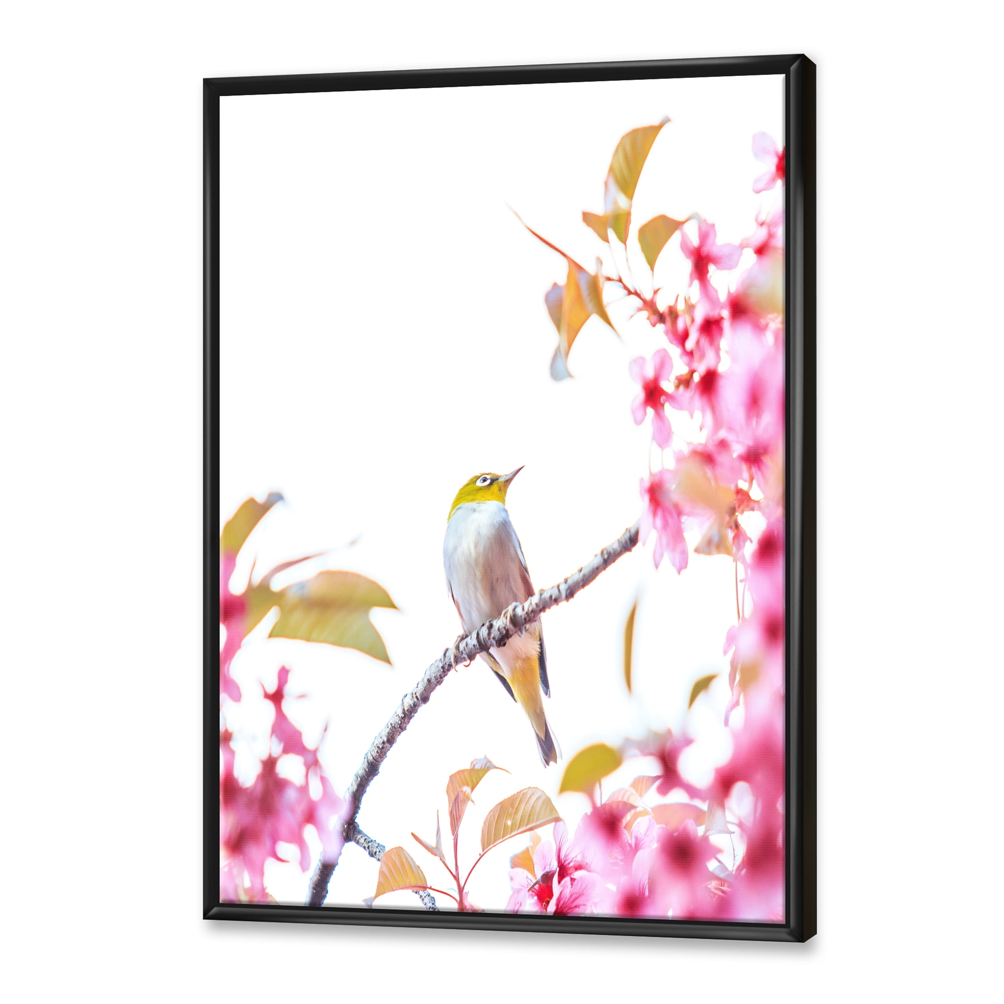 Bird Sitting On Cherry Blossom 16 in x 32 in Framed Painting Canvas Art Print, by Designart