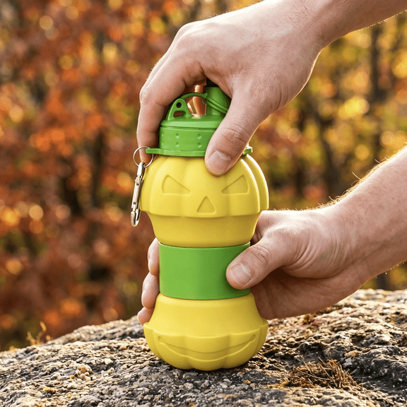 Travel Drinkware Set, Reusable Water Bottle for Travel, Portable Water Bottle, Water Bottle for Hiking, Yellow Creative Halloween Pumpkin Silicone Foldable Water Jug, Collapsible