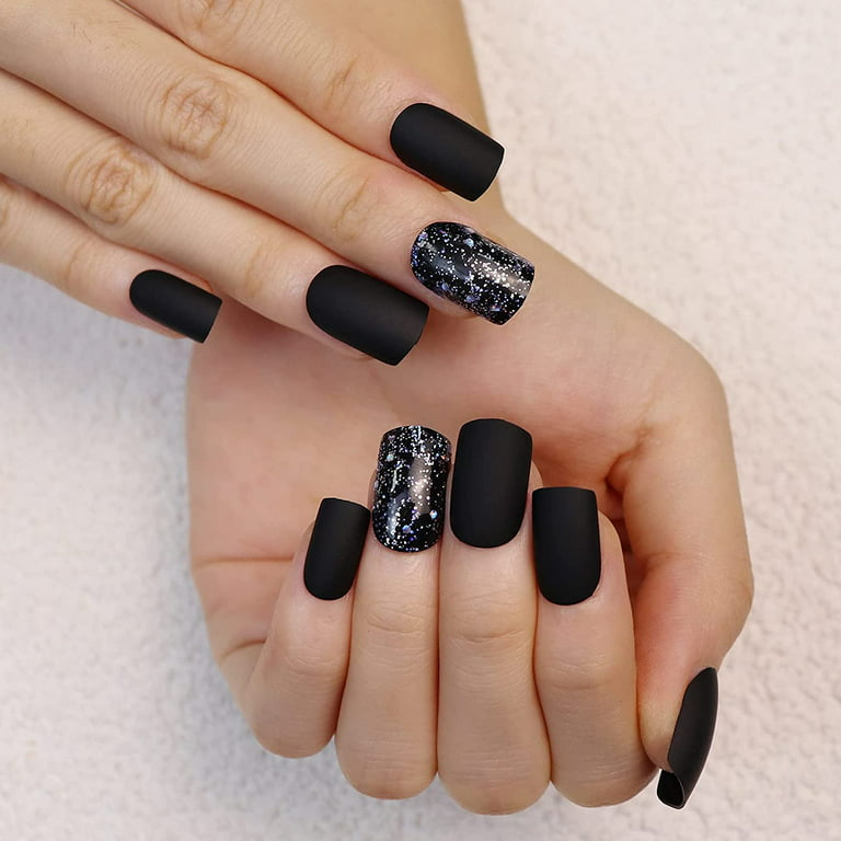 Ywlanda Short Fake Nails Black False Nail Matte Artificial Full Cover Nails Acrylic Nails for Women and Girls 24pcs
