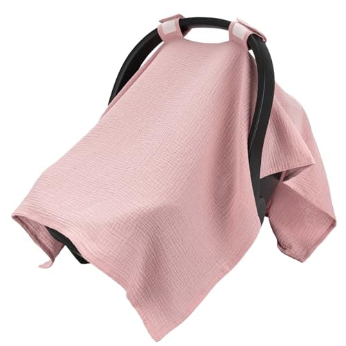 100% Muslin Cotton Car Seat Cover Baby,Universal Carseat Covers,Breathable Baby Car Seat Canopy for Boys Girls,Soft Infant Car Seat Cover for Summer —Pink