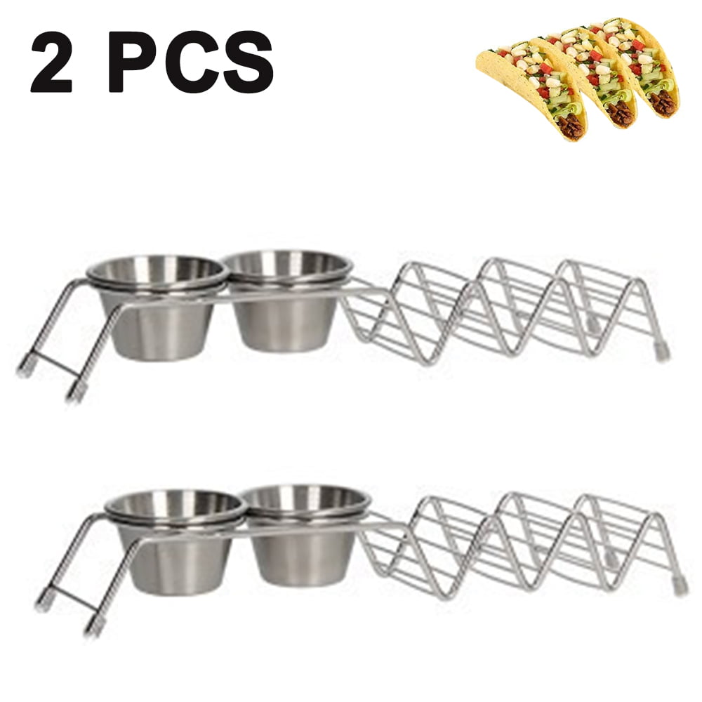 Also Comes With 2 Salsa Cups & 2 Wooden Spoons Taco Shell Stand Up Holders Holds 3 Tacos Each Keeping Shells Neat & Upright 2 Pack Premium Stainless Steel Oven & Dishwasher Safe Taco Holder 