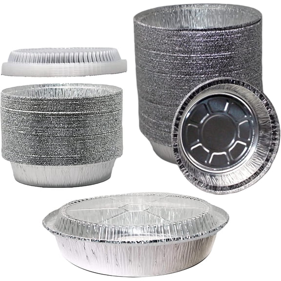6" Round Aluminum Foil Pans with Clear Lids - Disposable Containers with Foldable Walls for Pie Baking, Cooking, Serving, Reheating, and Storing - Freezer and Oven Safe Tart Pan 50 Pack