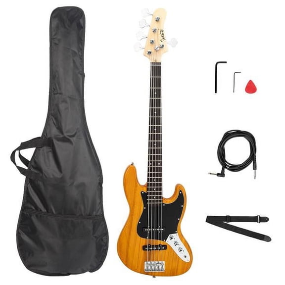 imerelez Gjazz Electric 5 String Bass Guitar Full Size Bag Strap Pick Connector Wrench Tool Transparent Yellow