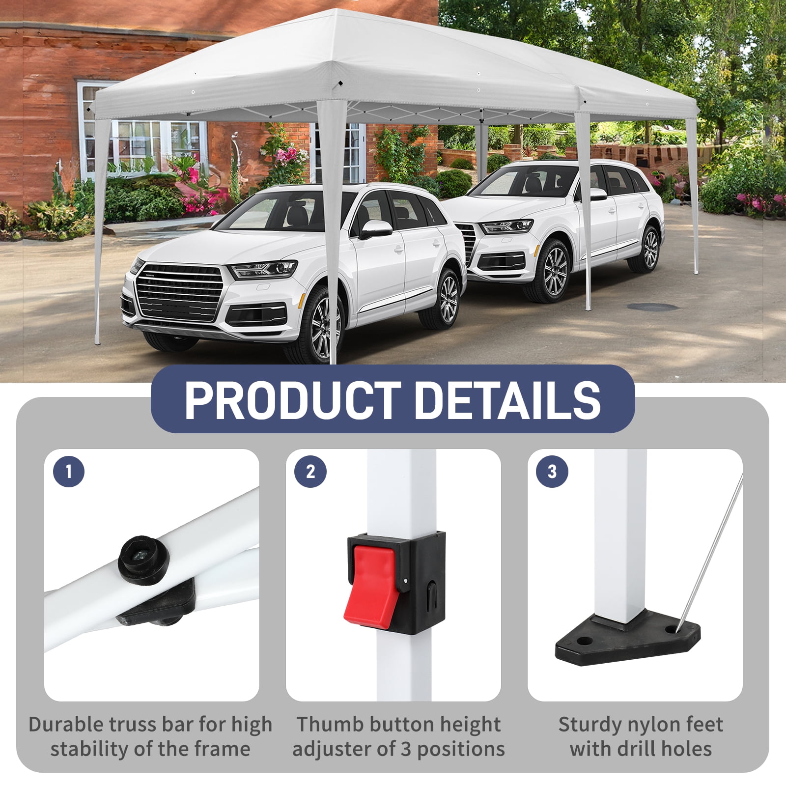 10'x20' Instant Pop Up Canopy Tent White, No Sidewalls Design, 28/22mm Powder Coated Steel Frame, 10x20mm Crossbar, 210D Oxford Outdoor Folding Tent with Carry Bag, No Sandbags