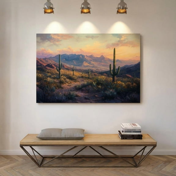 Velto Desert Mountain Canvas Art Saguaro Cactus Landscape Southwest Sunset Wall Decor Vintage Style, SIZE 8x10 INCLUDE Pine Wood Frame 1.25-Inch