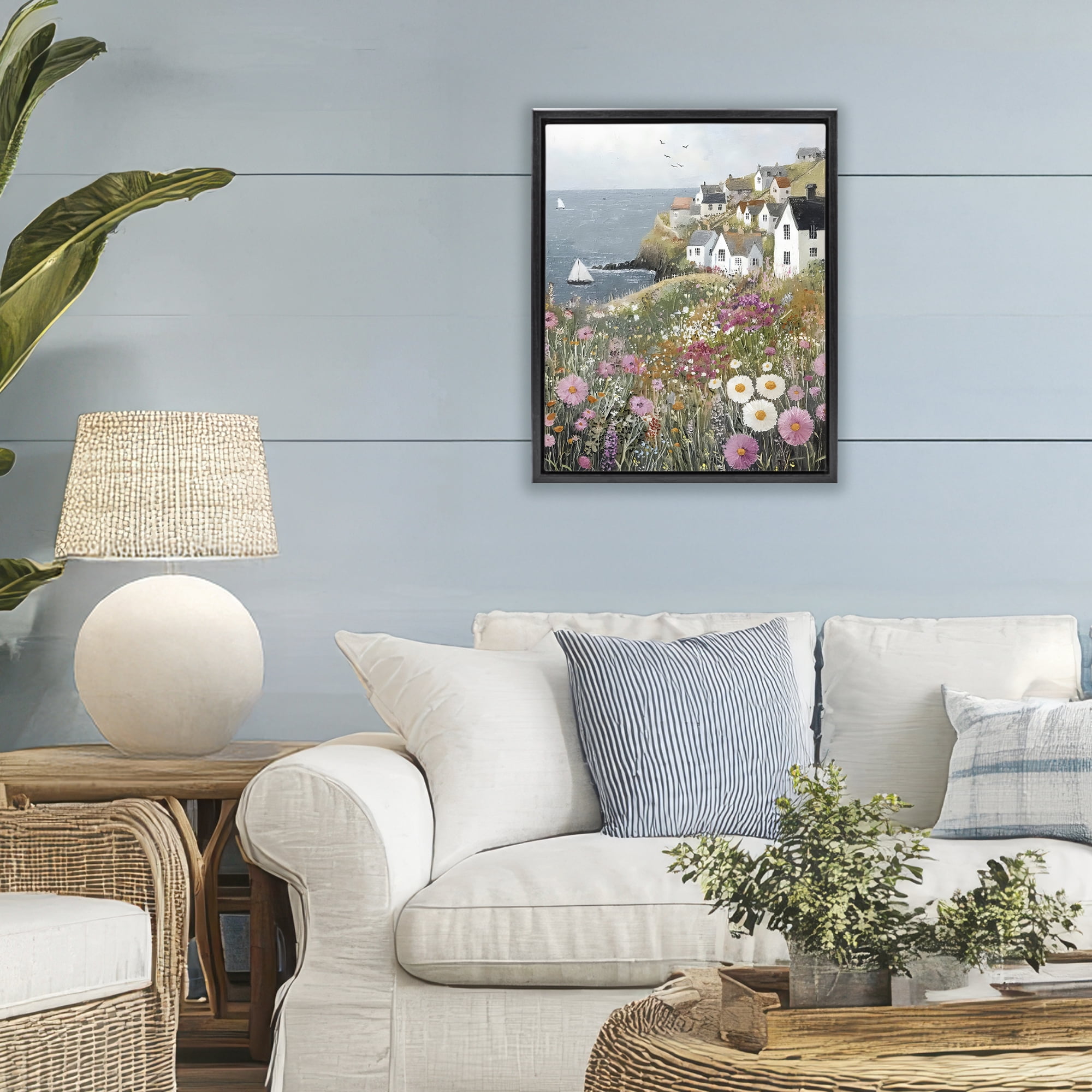 Stupell Industries Pink Meadow Overlooking Sailboats Black Framed Floater Canvas Wall Art, design by Riley B