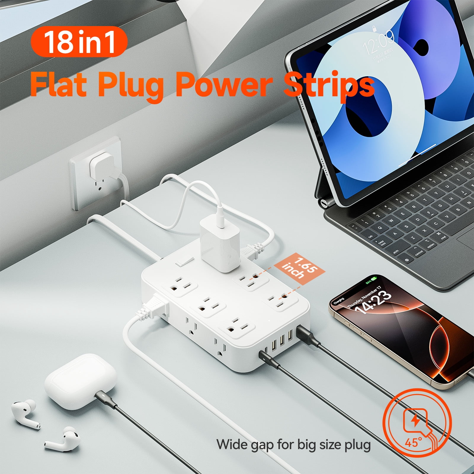 US 18 in 1 Charging Station Power Strip Flat Plug with 12 Outlets 6 USB Flat Plug Outlet Extender for Home Office Dorm