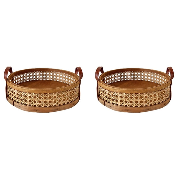 2X Cesta de Almacenamiento Tejida de Ratán Bandeja de Colocación Redonda para Sala de Estar En El Hogar para Pan de Frutas Organizador de Escritorio Transpirable - Marrón