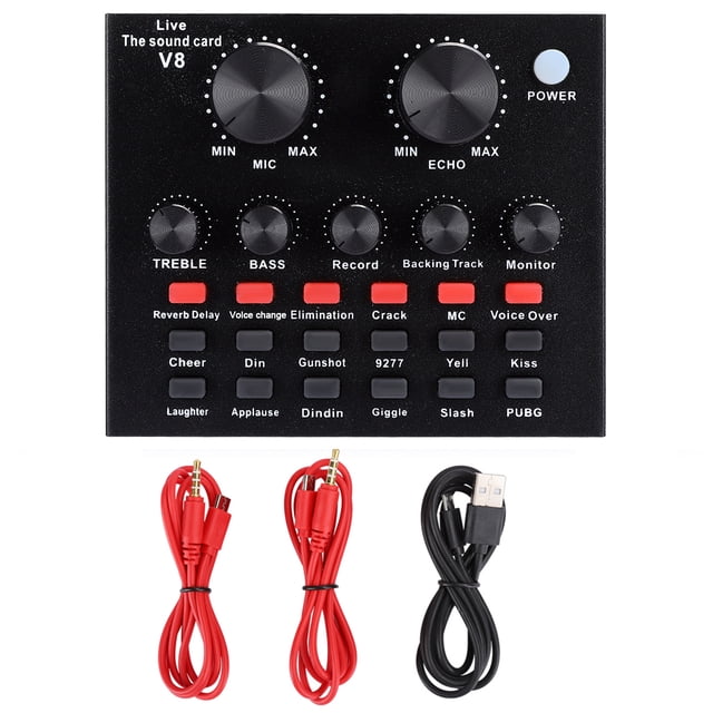 Tarjeta de sonido para transmisión en vivo con cambio de voz y ajuste de volumen Bluetooth v8 ABS negro para teléfono móvil y computadora.