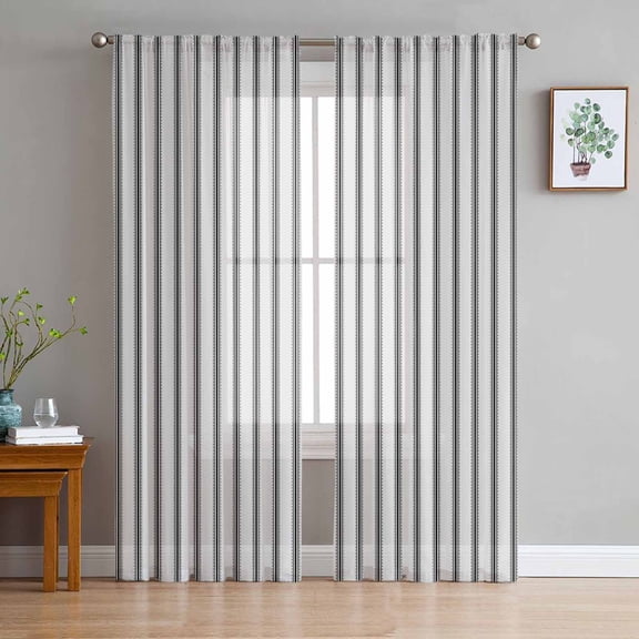 ERUNPONLY Black Striped Sheer Curtains 96 Inch Length 2 Panels Set, Black White Stripes Farmhouse Voile Window Treatment Semi Sheer Long Curtains Drapes for Bedroom/Living Room/Kitchen 52"x96"x2