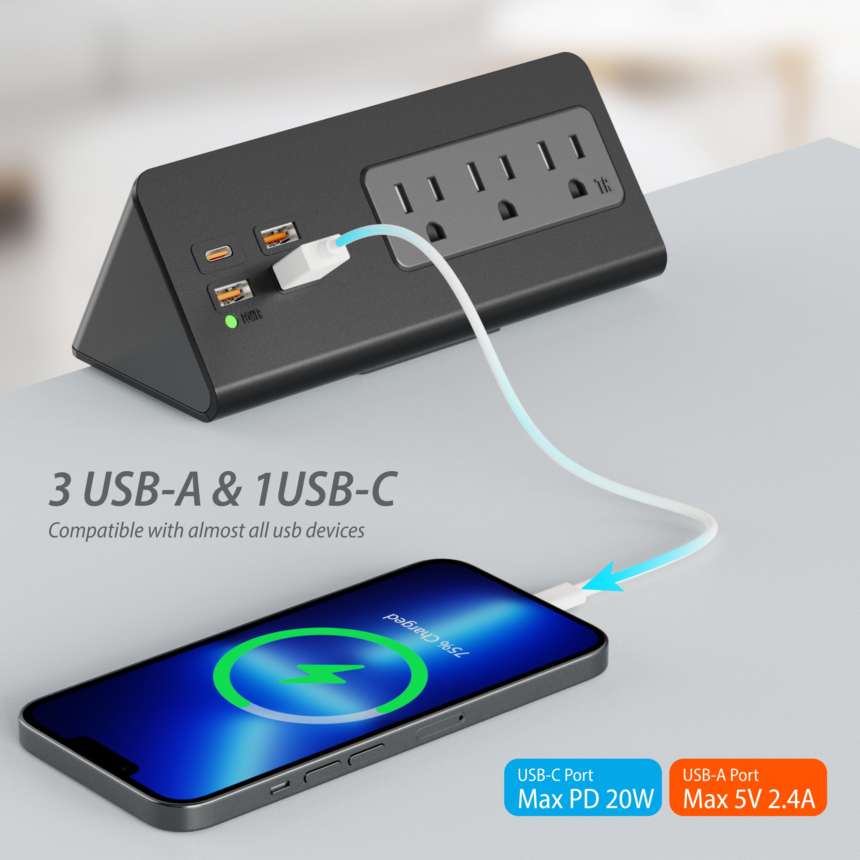 Desk Clamp Mount Power Strips , 4 USB Ports& 3 AC Outlets Charging Station, PD 20W Fast Charging USB C, 6Ft Extension Cord Desktop Power Hub, Home Office Desk Accessories, 2-Pack