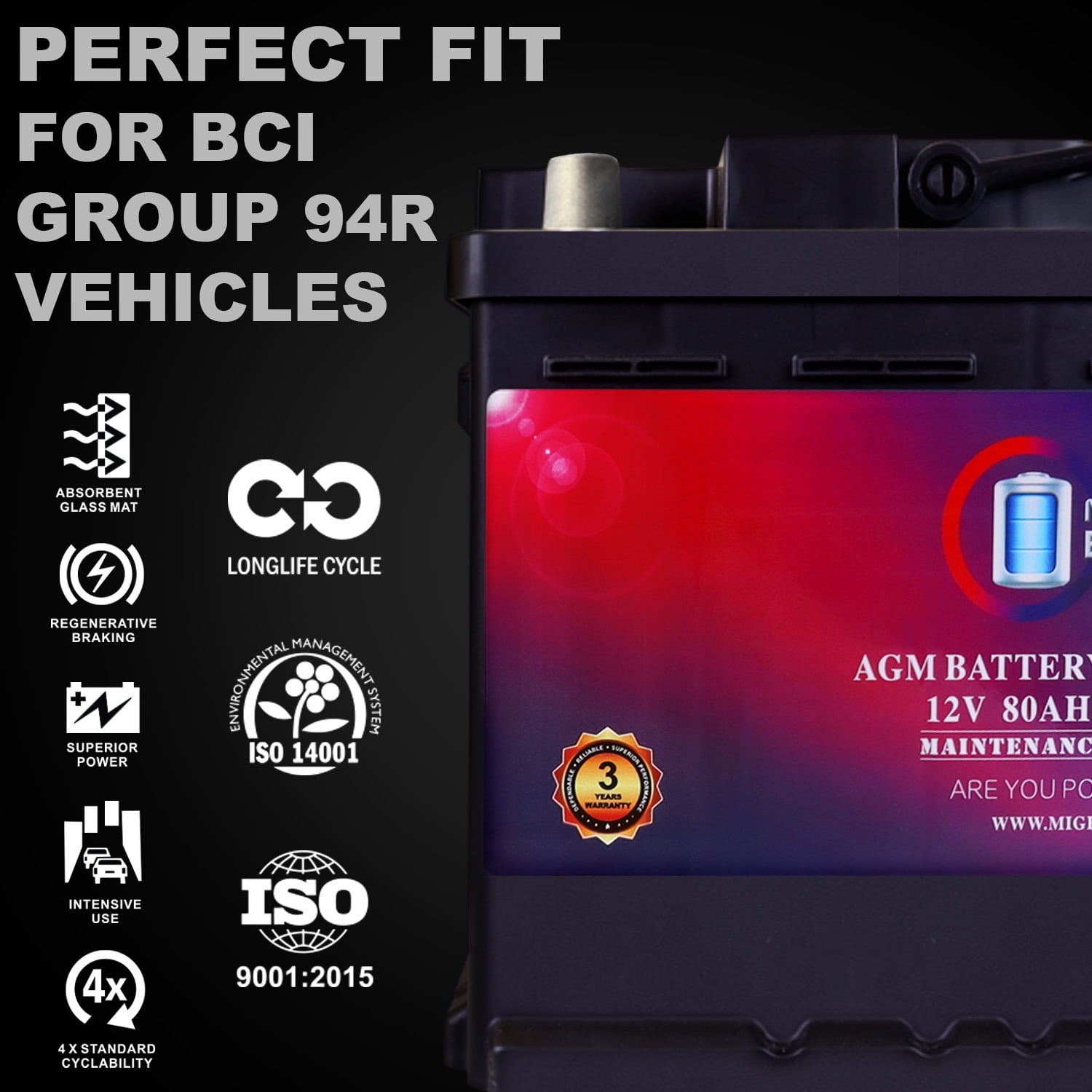 MM-H7 Start and Stop Car BCI Group Size 94R 12V 80AH, 140RC, 850 CCA Rechargeable AGM Car Battery