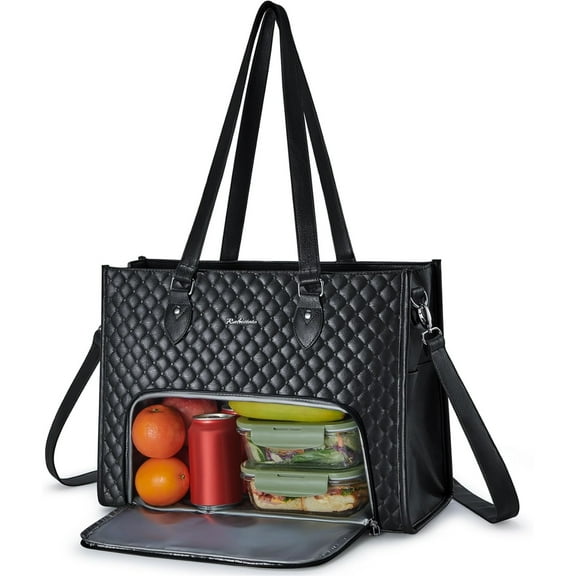 LZCKDPX Laptop Tote Bag with Insulated Lunch Compartment for Women, PU Leather 15.6 Inch Work Bag, Elegant Computer Handbag, Versatile Business Tote for Office,Travel or Casual-Classic Black