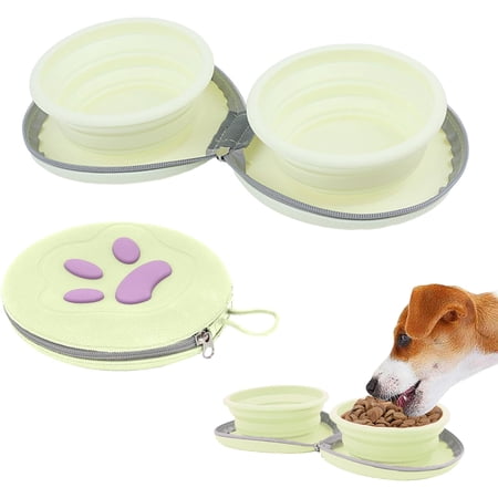 Three Tree Collapsible Double Dog Bowls 2-in-1 Portable Travel Pet Food and Water Feeder for Camping and Walking 25oz