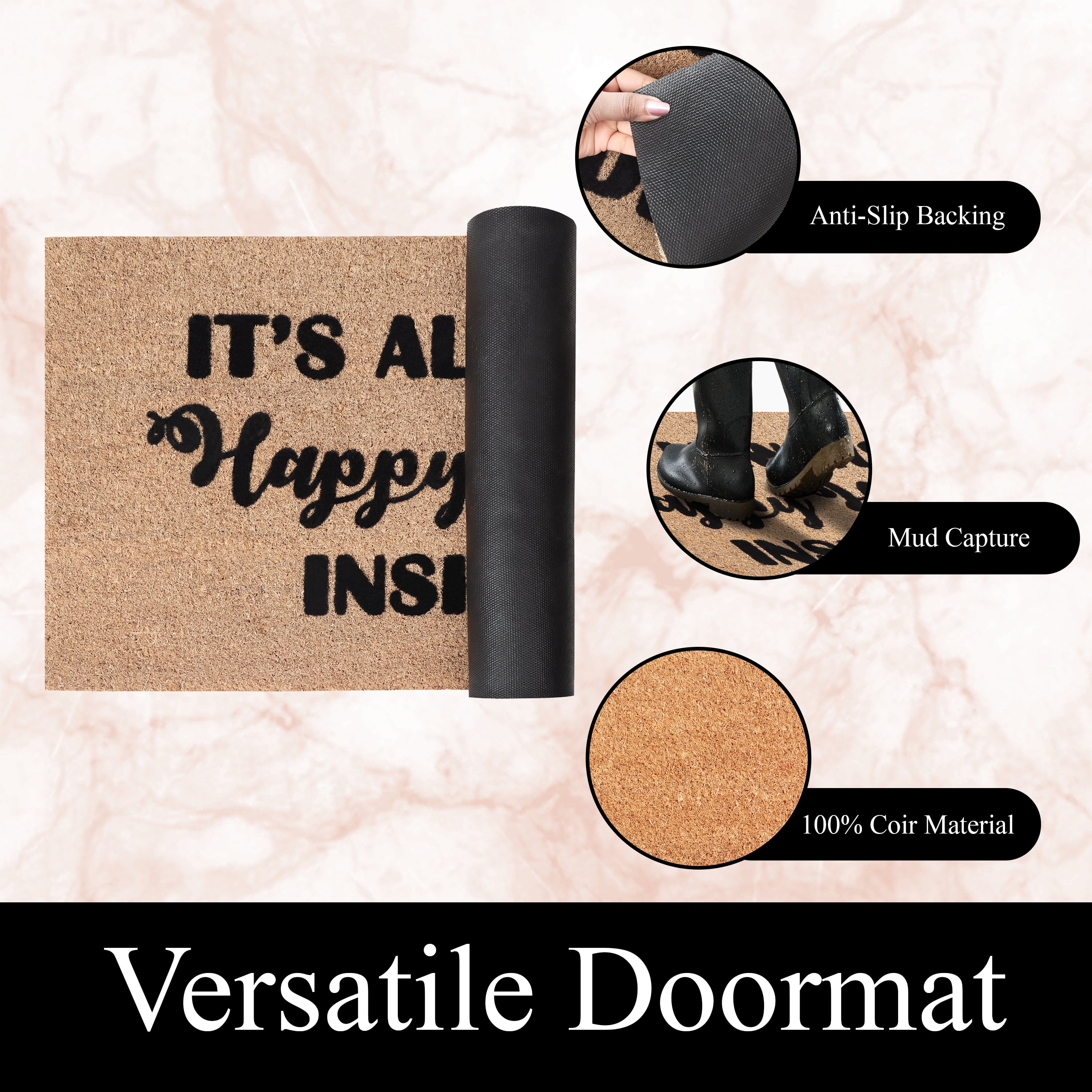 A1HC Natural Coir Flocked Doormat, Happy Hour Black , 24"x36", Durable Outdoor Welcome Mat, Non-Slip, Pet Friendly, Fade Resistant