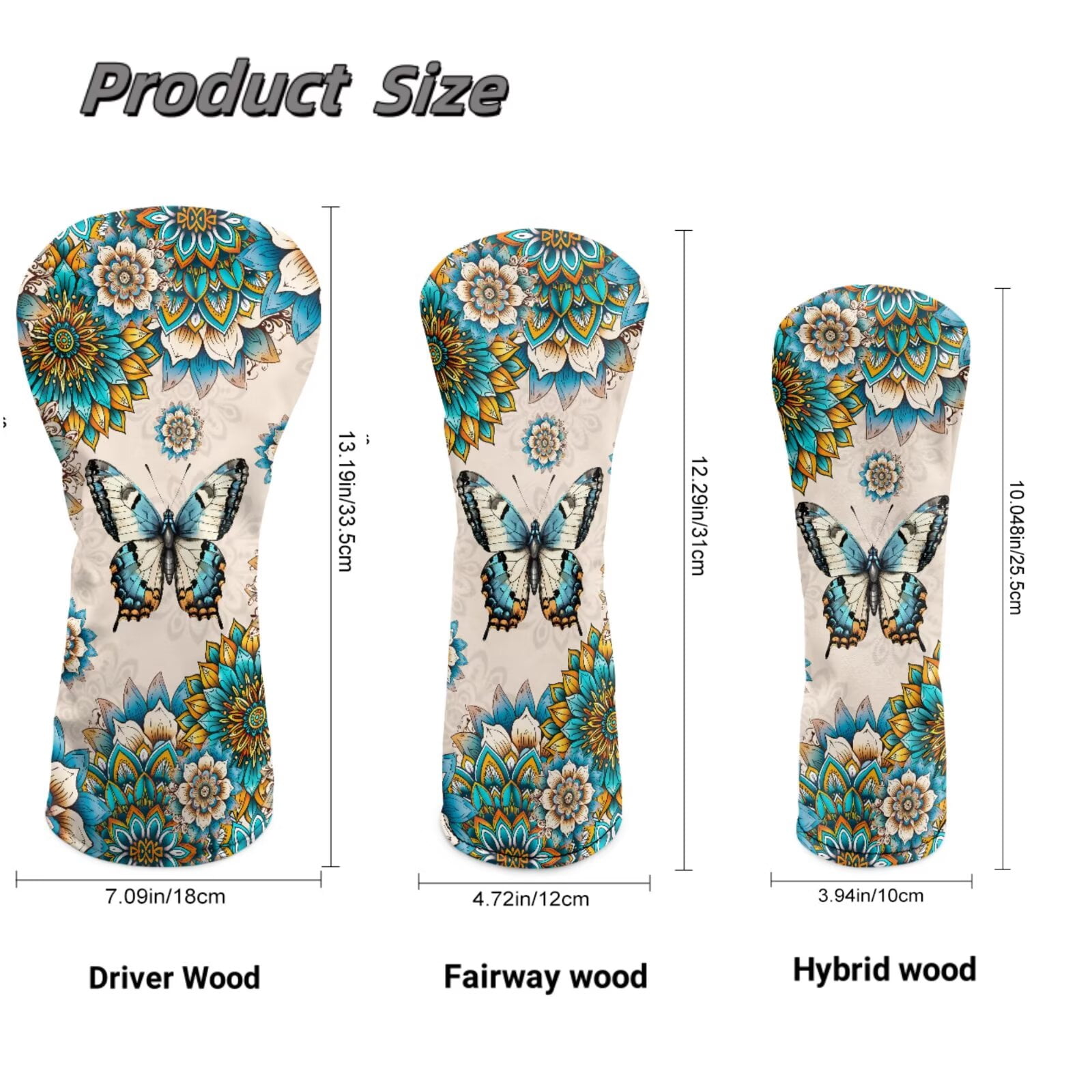 Uorisanigo Golf Club Head Cover PU Leather 3 Pcs Boho Mandala Butterfly Golf Headcovers for Woods and Driver Fairway Hybrids Women, Durable and Stain Resistant, Accessories Protection