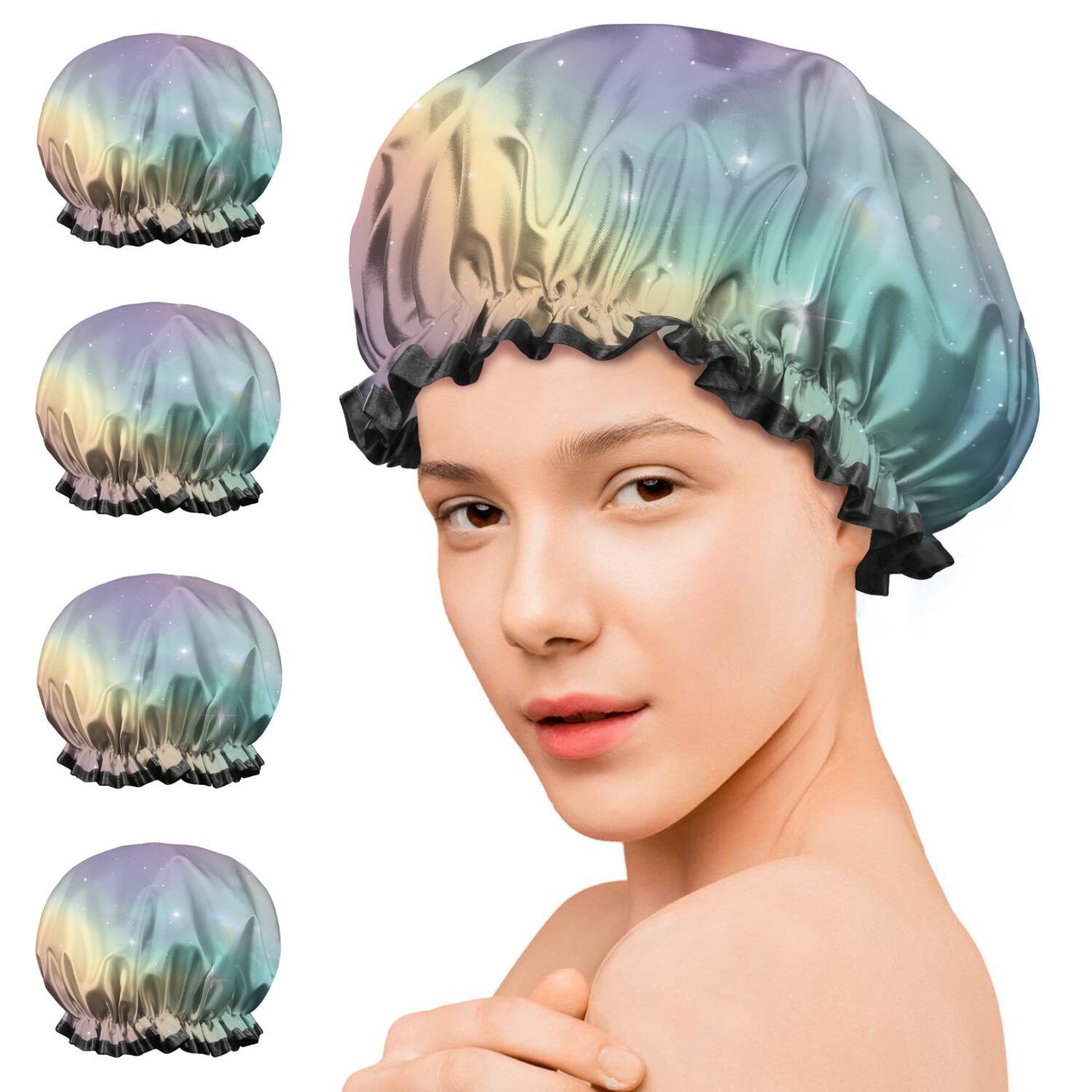 Shower Caps,Colorful Tie Dye Nebula Pattern Waterproof Shower Cap for Women 4 Pieces,Double Reusable Hair Cover for Shower PEVA Elastic Stretch Hem
