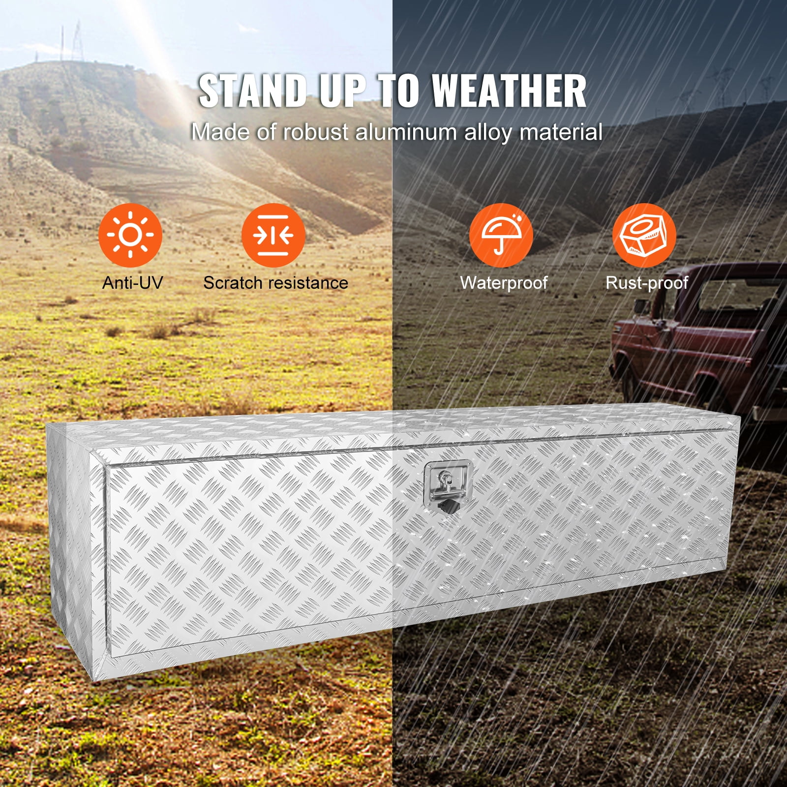 VEVOR Underbody Truck Box, 60"×17"×18" Pickup Storage Box, Heavy Duty Aluminum Diamond Plate Tool Box with Lock and Keys, Waterproof Trailer Storage Box with T-Handle Latch for Truck, Van, Trailer