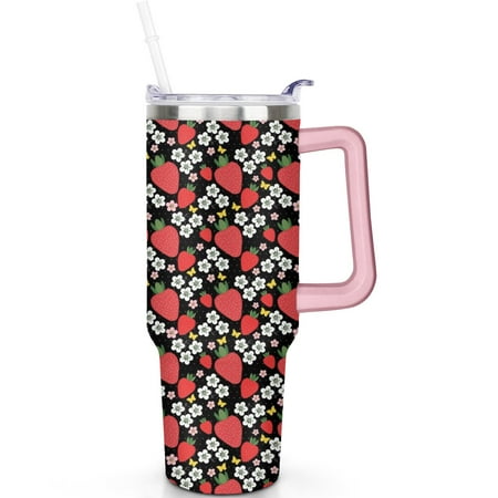 

40 oz Strawberry Tumbler Stainless Steel Handle Flip Straw Lid Vacuum Insulated Leak Proof Travel Mug Gift for Him Her