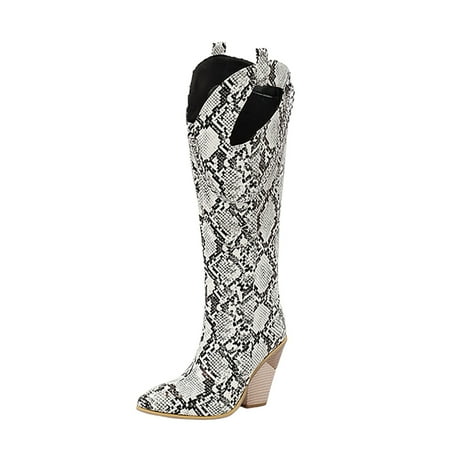 

Beautiful Print Western Knee High Boots Calf Women Stacked Heel Point Toe Boots
