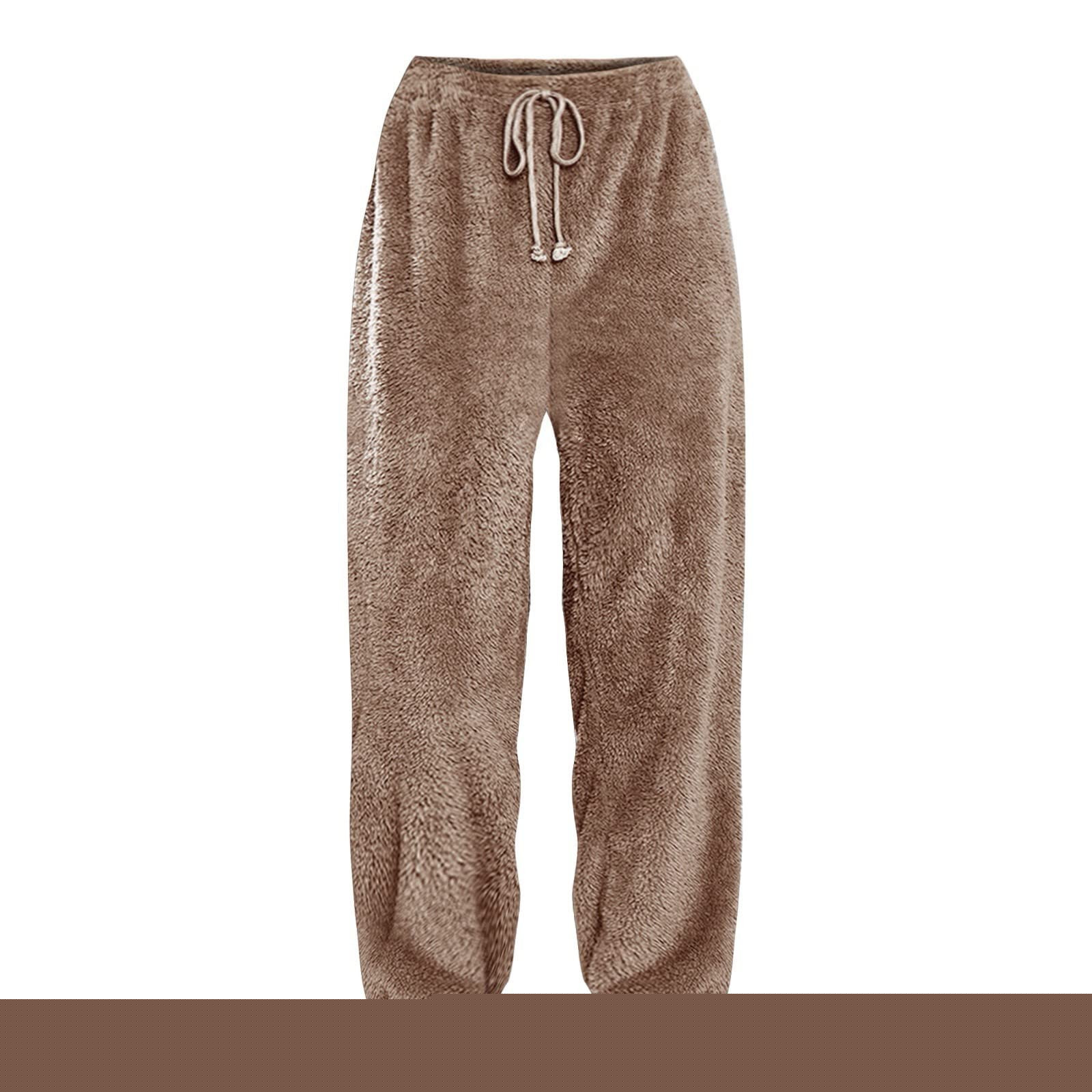 thumbnail image 5 of Women's Faux Lamb Fleece Sweatpants Elastic Waist Drawstring Solid Cuffed Loungewear Joggers with Pockets Coffee 2XL, 5 of 5