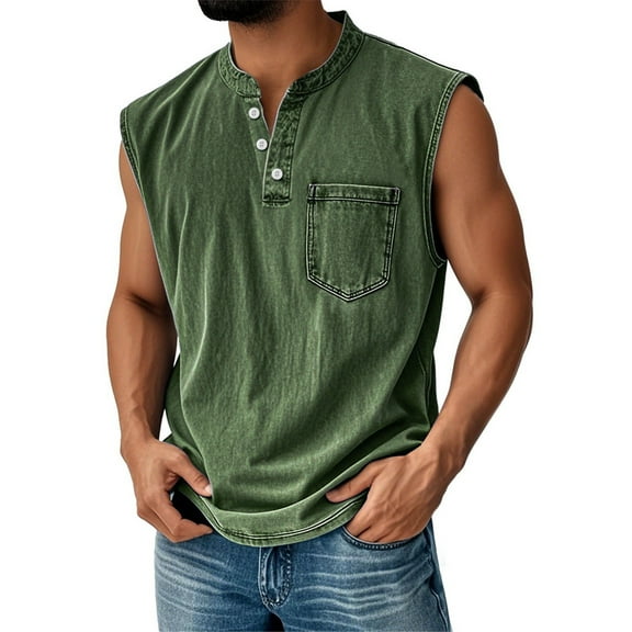 Qcmgmg Muscle Tank Tops for Men Distressed Summer Sleeveless Henley Shirts for Men V Neck Vintage Mens Shirts with Chest Pocket Army Green L