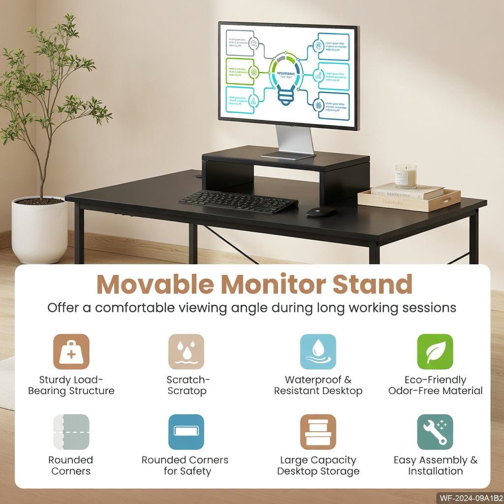 Demi Bonn 95" 2-Person L-Shaped Long Reversible Computer Desk with Monitor Stand, Small Home Office Desk Study Writing Table, Black