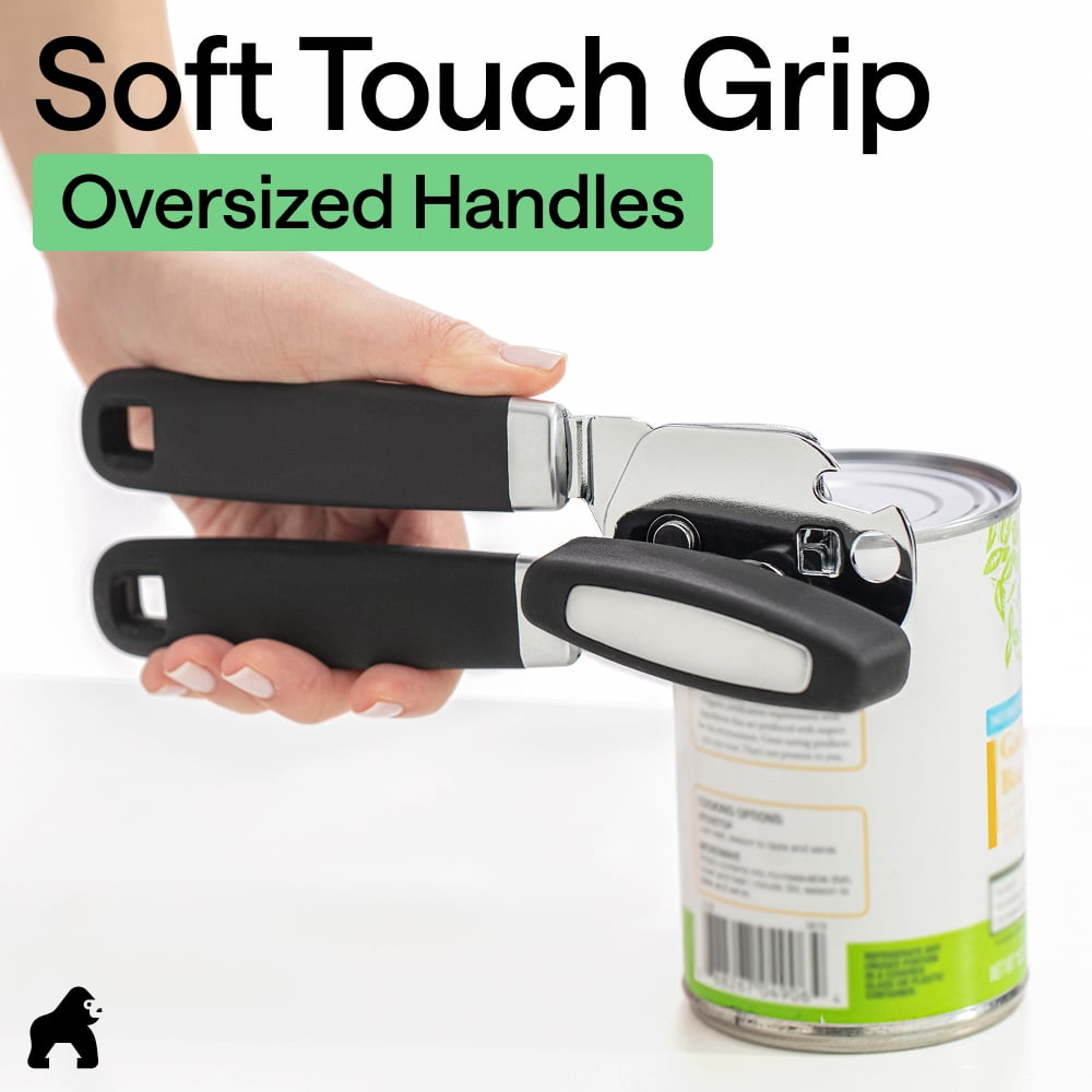 GORILLA GRIP Stainless Steel Manual Can Opener, Soft Touch Handle, Built-In Bottle Opener, Black